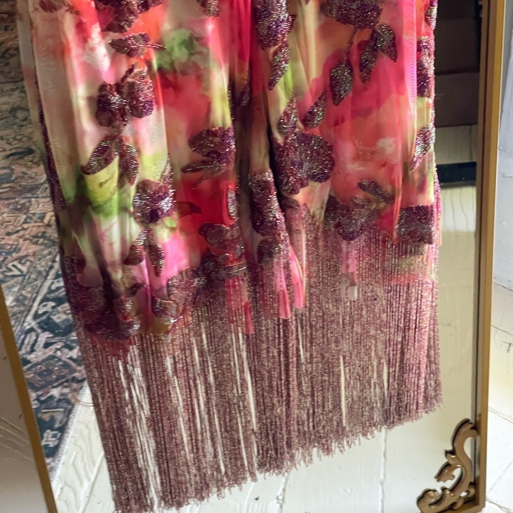 THEIA NWT Brigitte Floral Beaded Fringe Midi Dress - Picture 10 of 15